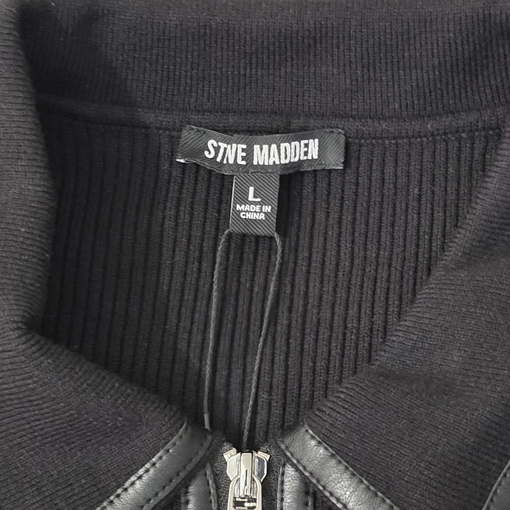 NWT Steve Madden L Black Rib Knit Faux Leather Zip Polo Mini Dress Pockets - Picture 2 of 8